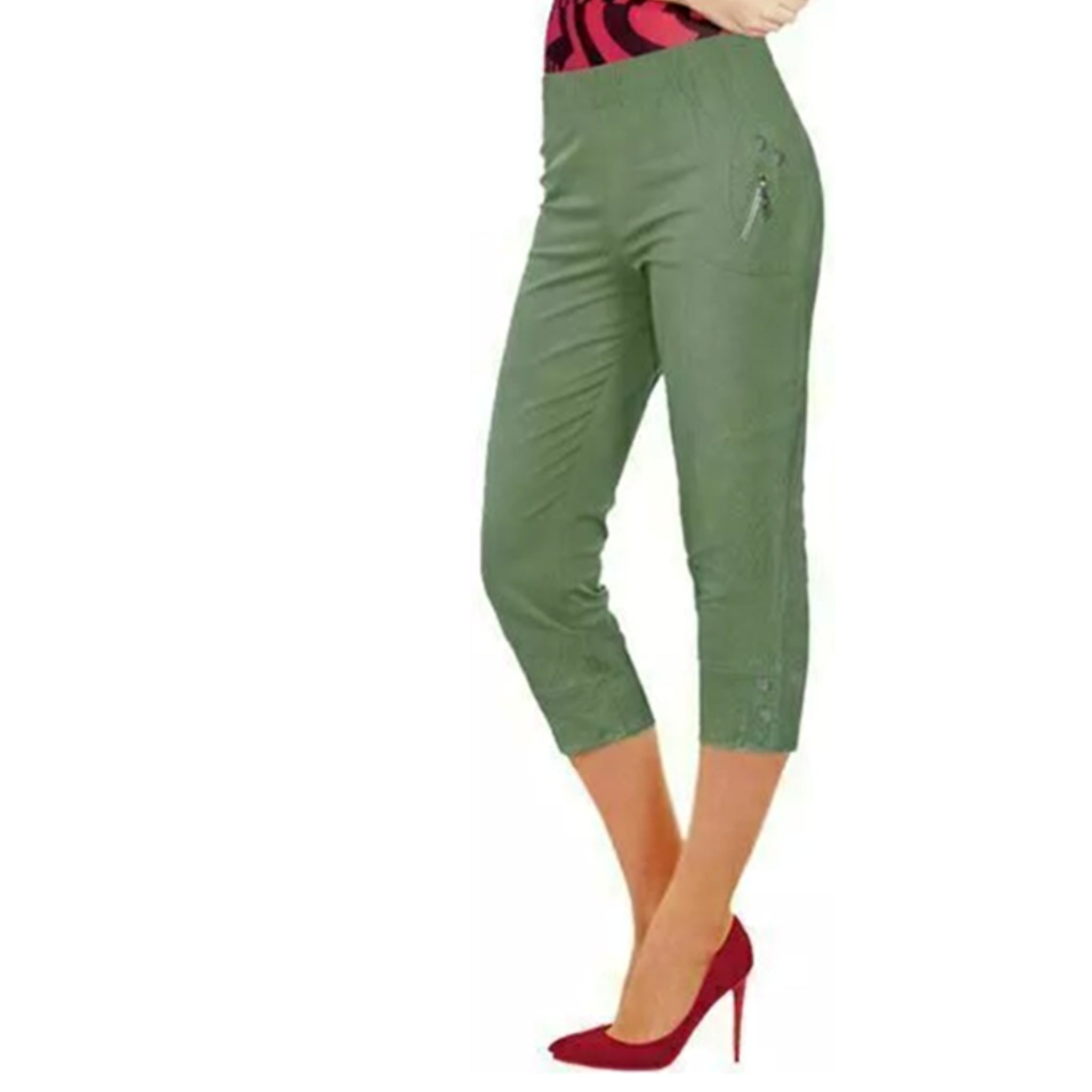 Ladies khaki green 3/4 cropped trousers with zip pocket and button detail summer fashion